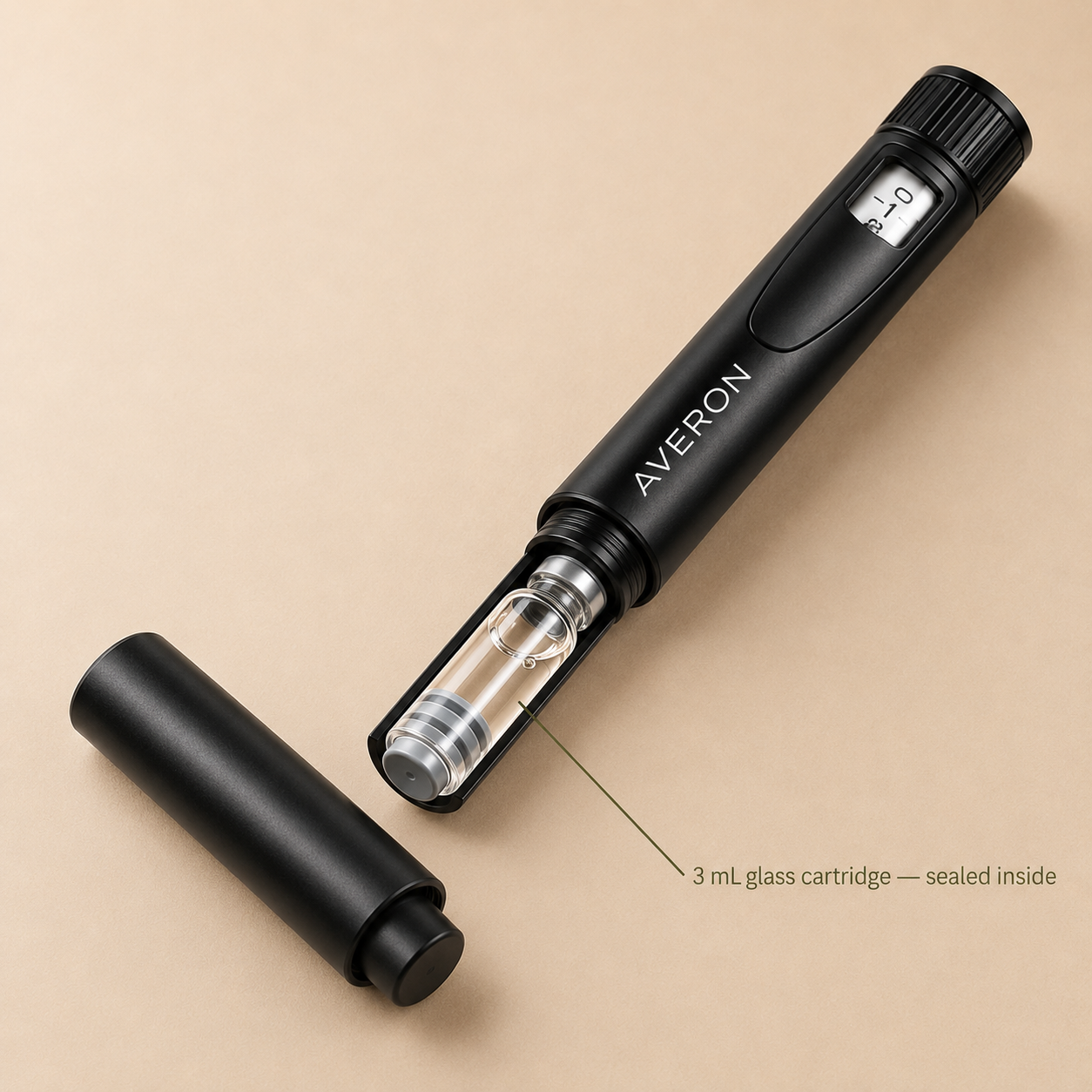 AVERON Peptide Pen V2 — 3 mL glass cartridge sealed inside the pen