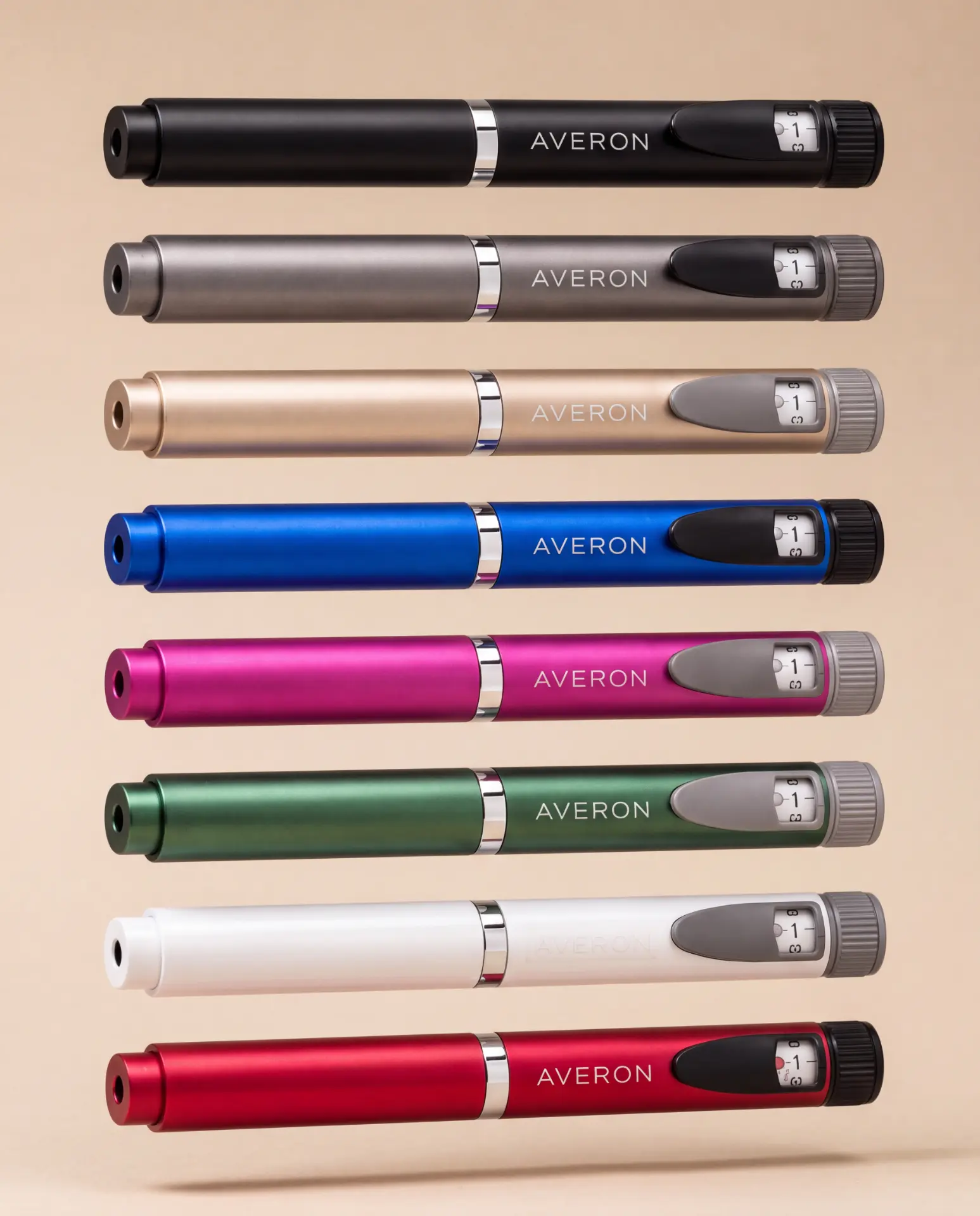 AVERON Peptide Pen V2 — all eight colours floating horizontally, stacked
