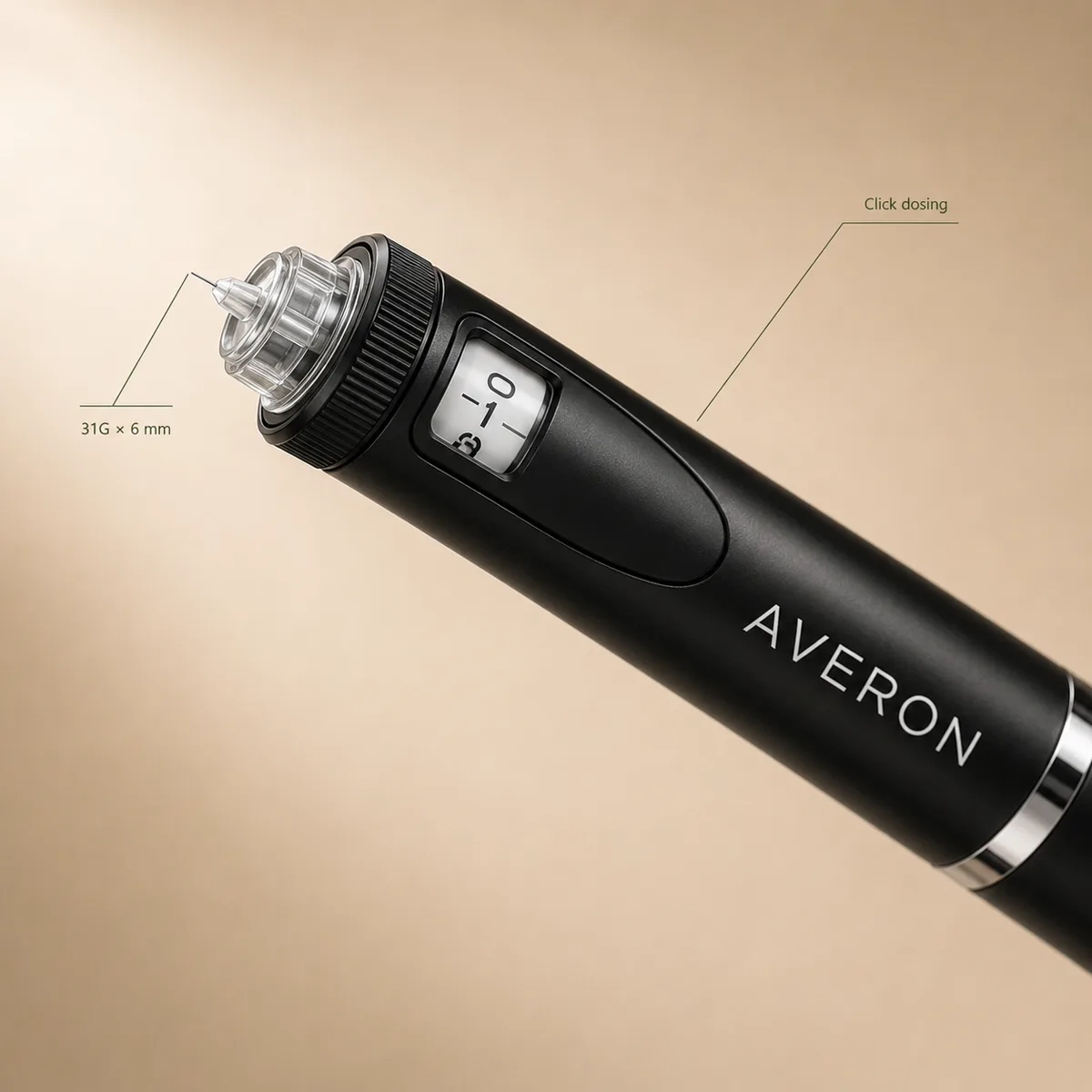 AVERON Peptide Pen V2 — 31G 6mm pen needle and click dosing dial close-up