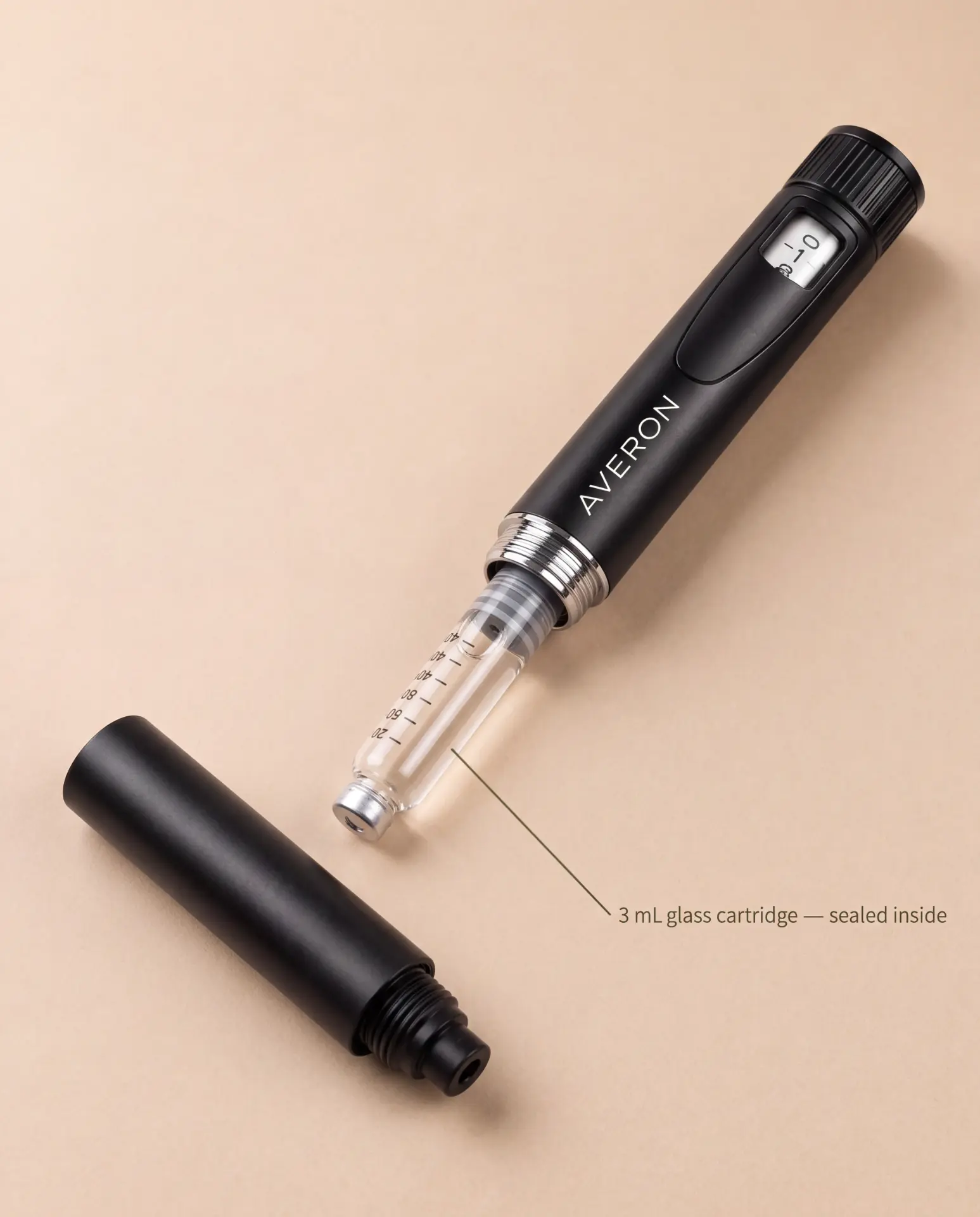 AVERON Peptide Pen V2 — opened, showing the 3 mL glass cartridge and how it loads into the pen