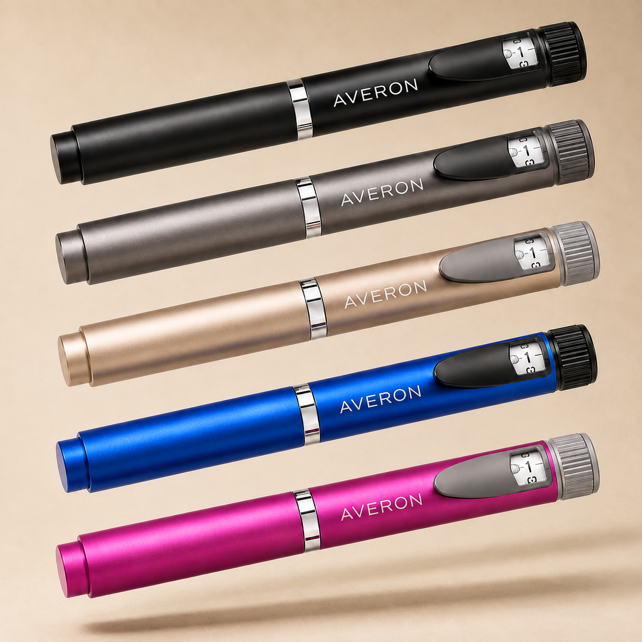 AVERON Peptide Pen V2 — five colours floating, side view