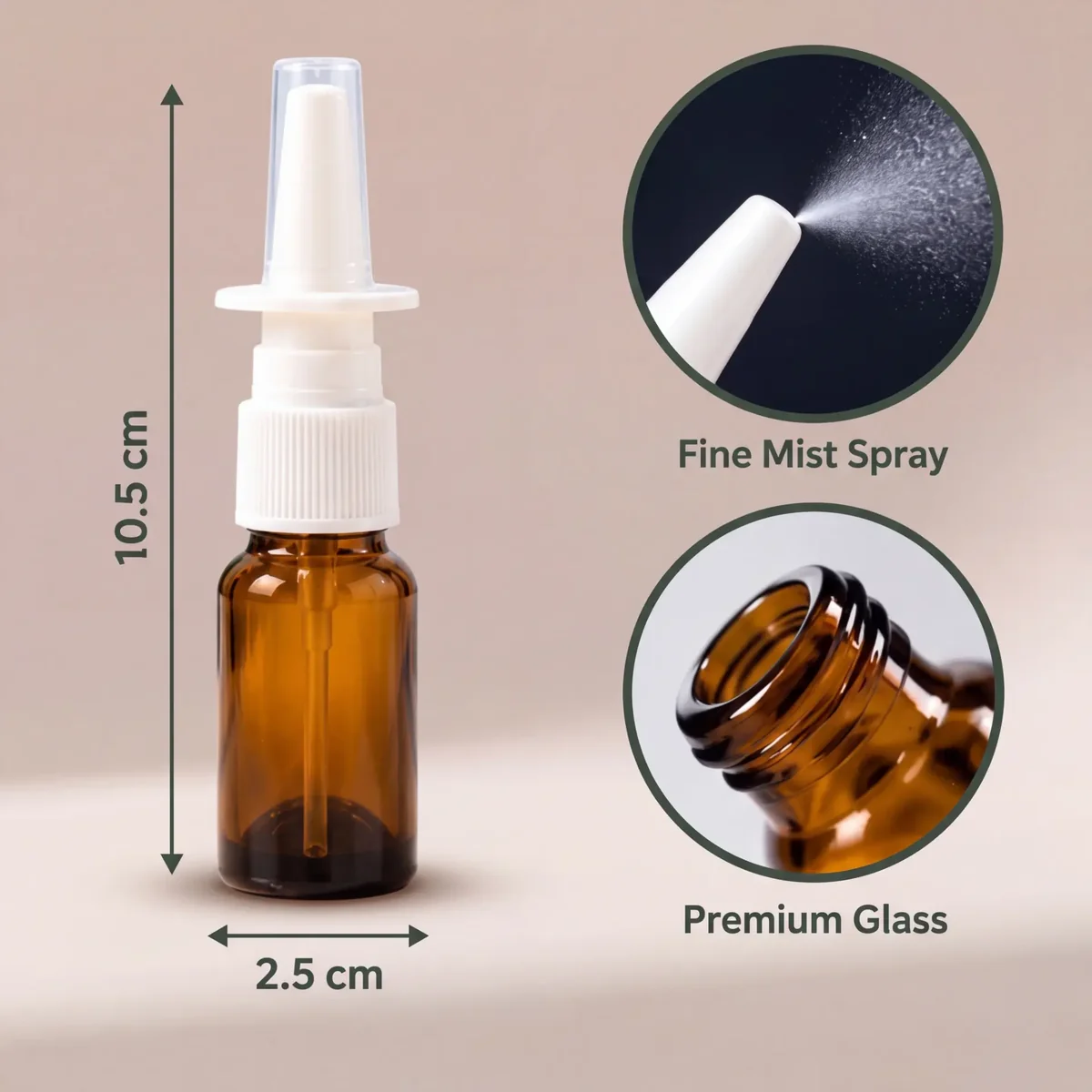 Empty nasal spray bottle dimensions — 10.5 cm tall, 2.5 cm wide, fine mist spray and glass neck close-ups