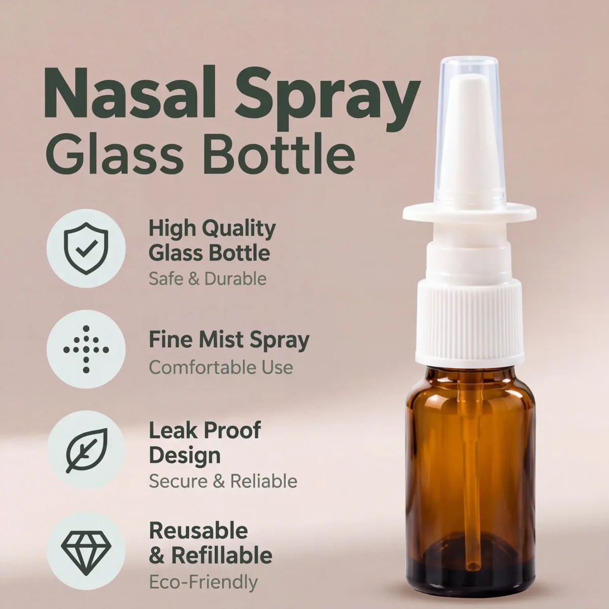 AVERON empty nasal spray bottle — amber glass, fine mist pump, leak-proof, refillable