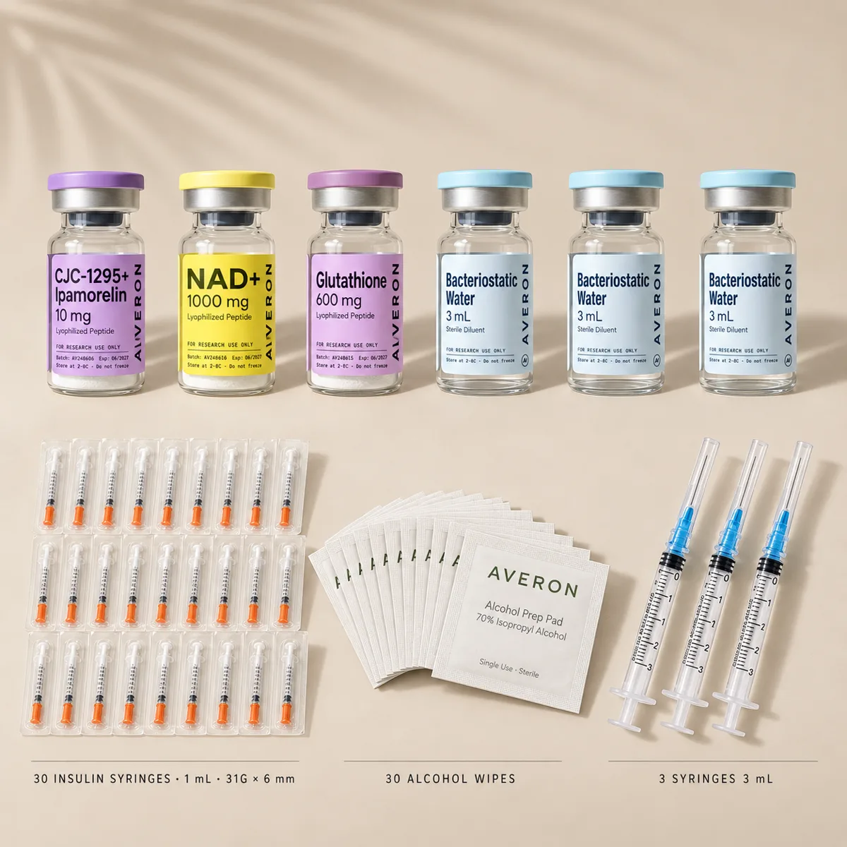 Sleep & Recovery kit — CJC-1295 + Ipamorelin 10 mg, NAD+ 1000 mg, Glutathione 600 mg, bacteriostatic water, insulin syringes, alcohol wipes and reconstitution syringes