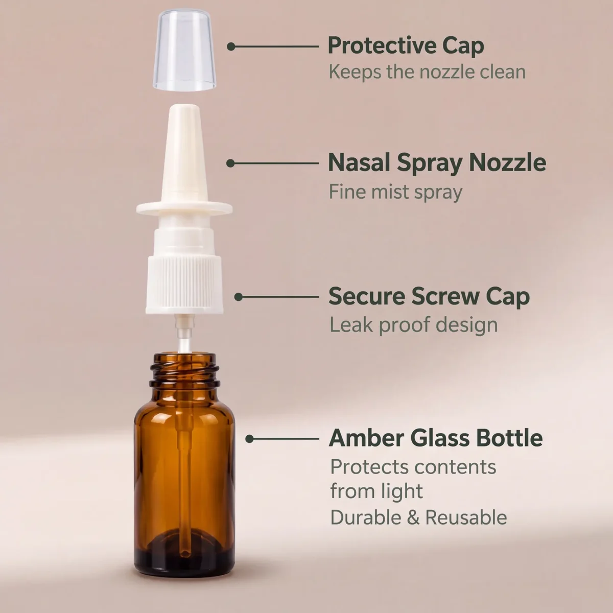 Empty nasal spray bottle parts — protective cap, nasal spray nozzle, screw cap and amber glass bottle