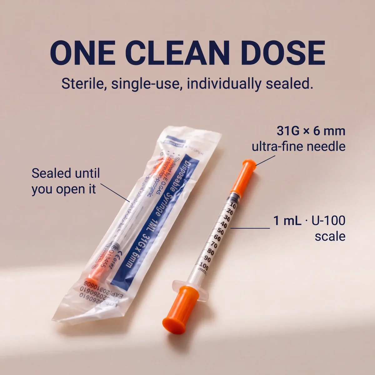 AVERON insulin syringe 1 mL, 31G × 6 mm — single sterile, individually sealed syringe