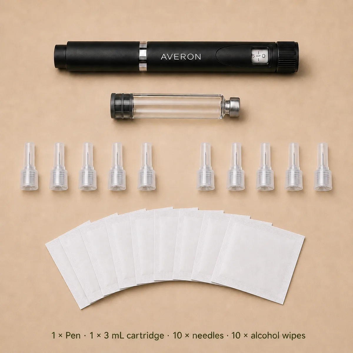AVERON Peptide Pen V2 kit — pen, 3 mL cartridge, 10 needles, 10 alcohol wipes