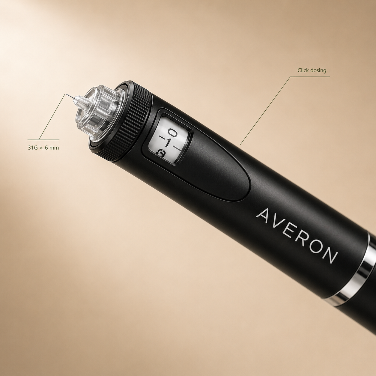 AVERON Peptide Pen V2 — 31G 6mm pen needle and click dosing dial close-up