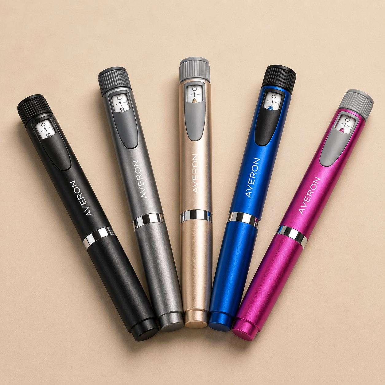AVERON Peptide Pen V2 — five colours fanned, top view