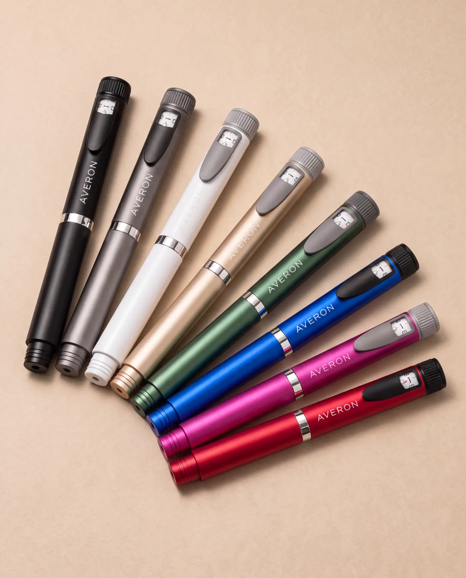 AVERON Peptide Pen V2 — all eight colours fanned, top view